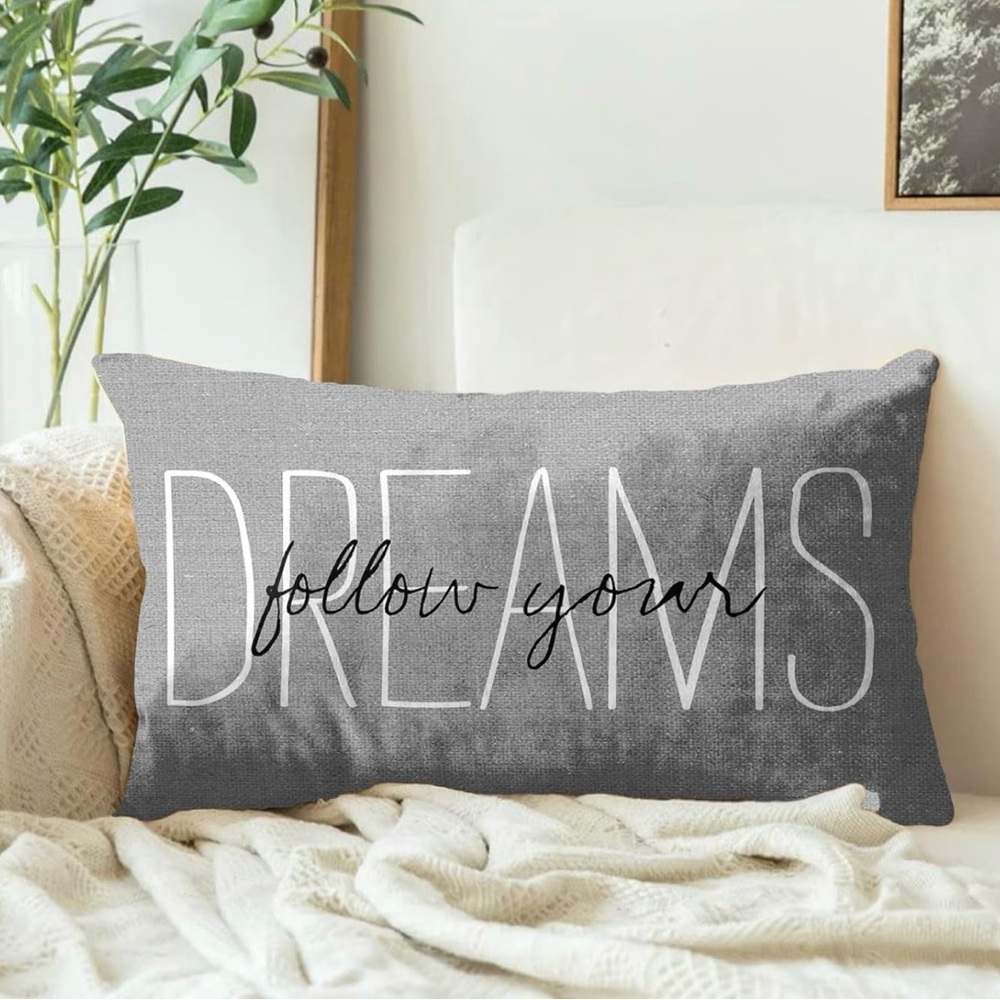 NWOT✨Emvency Gray Throw Pillow Cover Rustic 12x20 Follow Your Dreams Decorative